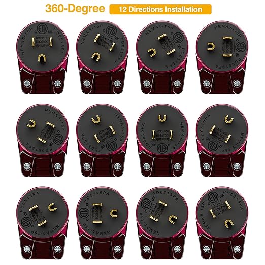 5 Pack Nema 5-15P Plug, 90 Degree Right Angle Plug 15A 125V Angled Plug, Nema 5-15P DIY AC Plug, USA 3-Prong Household Right Angle AC Plug, Red Color ETL Verified