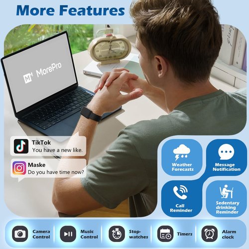 MorePro AIR2 Fitness Tracker, Smart Watch with 24/7 Heart Rate and Blood Pressure, Step Calorie Counter, Sleep Monitor, IP68 Waterproof Fitness Watch for Men Women iOS Android(Black)