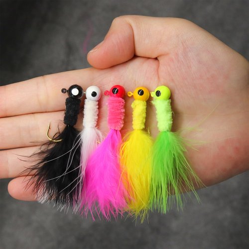 INFISHCEO 50PCS Crappie Fishing Jigs Hook Kit Feather Hair Jigs for Crappie Fishing baits Lures Panfish Trout 1/8 1/16 1/32 oz