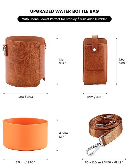 molshine Water Bottle Carrier Bag Holder with Phone Pocket Adjustable Strap for Stanley 30 40oz, Insulated PU Leather Cover Sleeve Sling Crossbody Bag for Walking Camping Hiking Travelling (Brown)
