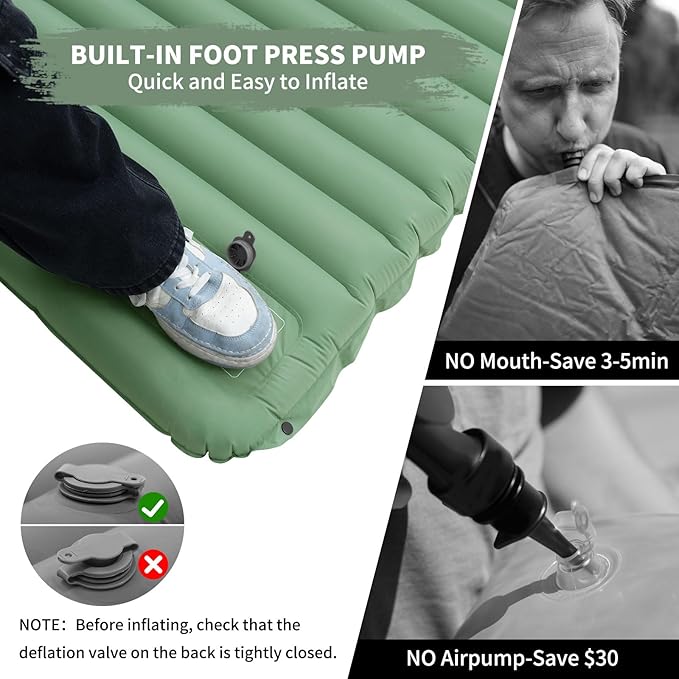 Extra Thick 4 Inch Camping Sleeping Pad, Splicable Ultralight Sleeping Pad with Pillow, Built-in Foot Pump, Lightweight Sleeping Mat for Camping Backpacking, Hiking, Tent (Green)