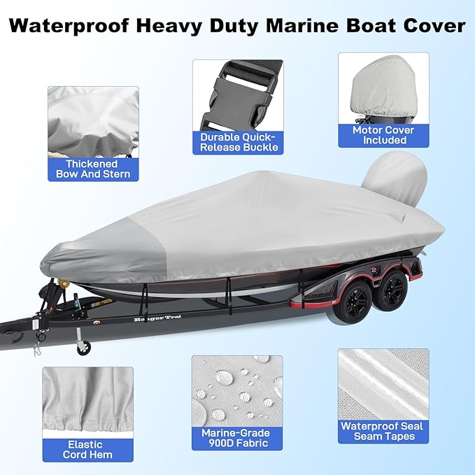 Boat Cover 14-15.8ft, Bass Tracker Boat Cover with Sand Bag Mooring Kit, 1200D Marine Canvas Waterproof Heavy Duty Boat Covers for 14 feet 15ft 16' V Hull Bass & Runabout Boat,Gray