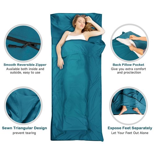Sleeping Bag Liner,14oz Ultralight Self Tan Sleep Sack with 2 Way Zipper, Expose Feet Separately, Adult Sleep Sack & Travel Sheets for Camping, Hiking, Traveling Backpacking,Hotel (Blue)
