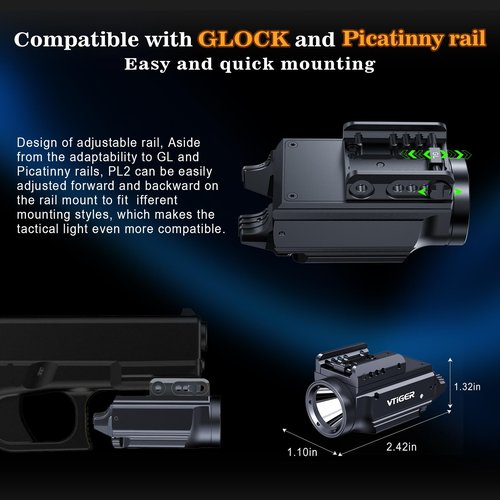 VTIGER 1000 Lumen Powerful Compact Pistol Light, Adjustable Rail Mounted Mini Weapon Light with Green Beam Sight Combo, Small Rechargeable LED Tactical Flashlights for Picatinny 1913/GL/Weaver