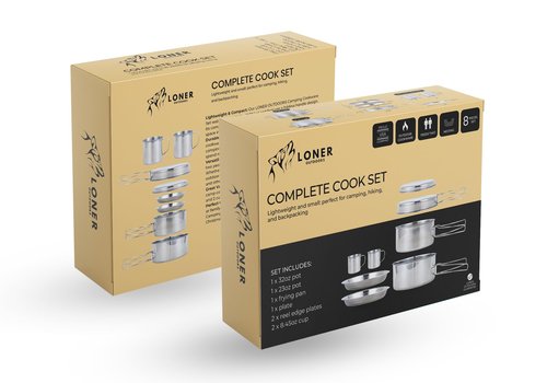 LONER OUTDOORS Camping Cookware Set 8-Piece Stainless Steel Backpacking and Camping Cooking Mess Kit - Lightweight and Durable Cook Set for Hiking, Outdoor Adventures, and Picnics