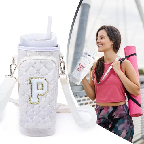 SPORJET Initial Water Bottle Carrier Bag with Phone Pocket Compatible with Stanley 40/30 oz Tumbler Holder with Strap, Cup Carrier Bag & Case - Personalized Teen Girl Gifts