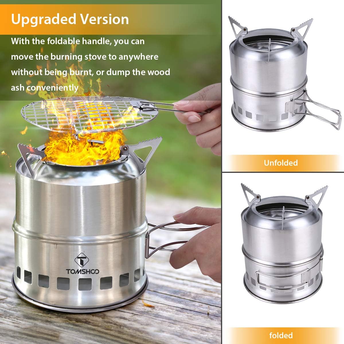 TOM SHOO Camping Stove Camp Wood Stove Portable Foldable Stainless Steel Burning Backpacking Stove for Outdoor Hiking Picnic BBQ