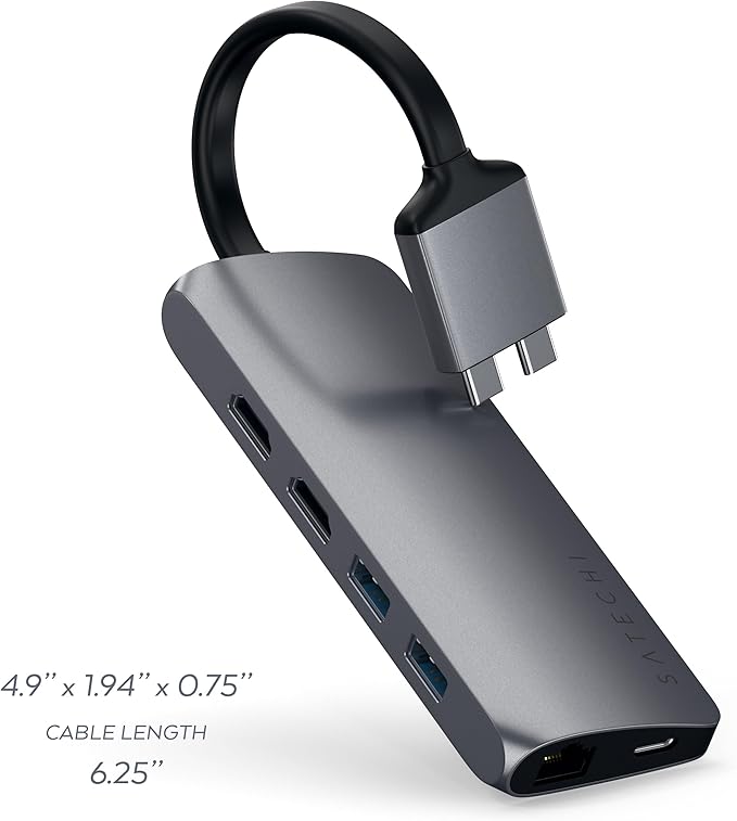 Satechi USB C Hub Dual Multimedia Adapter, USB C Docking Station with 2 4K HDMI, 60W USBC PD Charging, 2 USB-A Data, Ethernet, Micro/SD Card Readers, for MacBook Pro/Air M1 M2 M3 - Space Gray