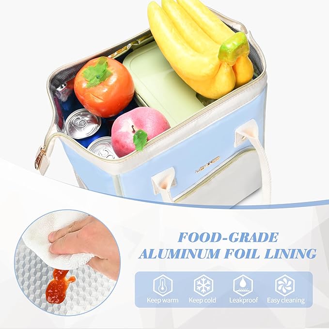 LOKASS Lunch Bag Women Insulated Lunch Box, Wide-Open Lunch Tote Bag Leak-proof Cooler Bag for Work Picnic-（Sky Blue）