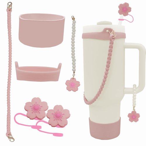 XIANGYUAN 6 Pcs Stanley Cup Accessories for Stanley Cup 40oz or 30oz,Includes Unique 10mm Flower Letter Straw Toppe,Water Bottle Handle Strap,Bottom Protector(Pink Flower)