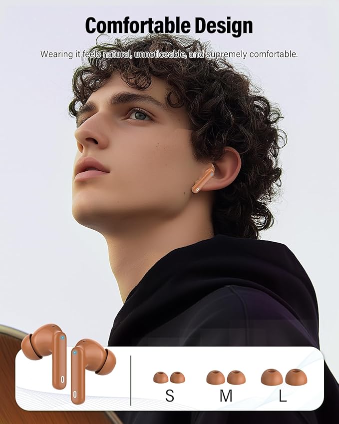 Wireless Earbuds, Bluetooth 5.4 Headphones Bass Stereo, Ear Buds with Noise Cancelling Mic, IP7 Waterproof in Ear Earphones, 36H LED Display Bluetooth Earbuds for Laptop Pad Phones Sports, Brown