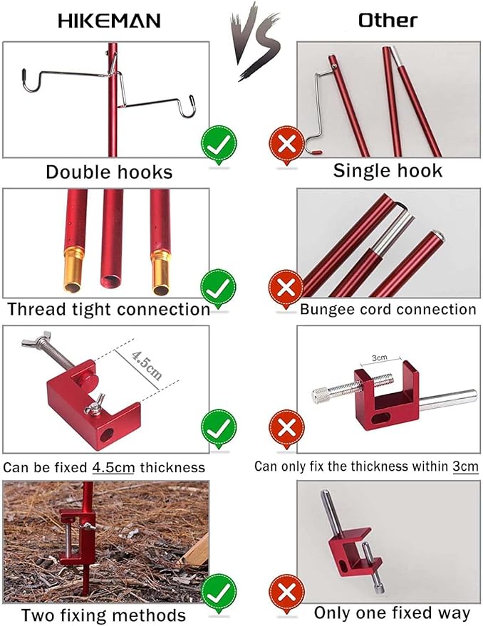 HIKEMAN Folding Lantern Stand Pole Portable Lamp Stand Hook Collapasible Light Stand Holder for Camping Fishing Picnic BBQ Outdoor Activities (Black)