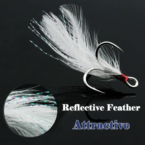 FishTrip Feathered Treble Hooks Fishing, 15Pcs Dressed Treble Hook Size 4 for Fishing Spoons Spinner Crankbait Jerkbait