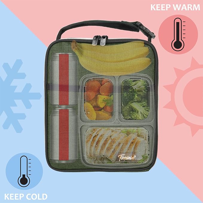 Tirrinia Small Insulated Lunch Bag for Men Women, Green, 8.5in x 4in x 9.5in, Keeps Food Cold Fresh for Hours