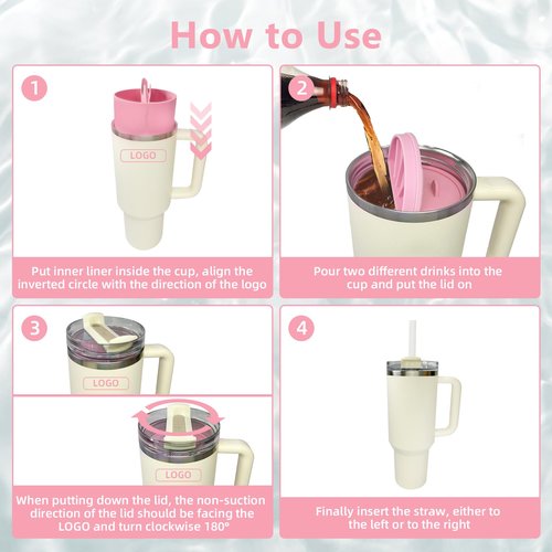 PUDASTO 2-in-1 Drink Separator Silicone Liner fit Stanley Cup 40oz, Inner Cup Section Tray for Stanley Tumbler Accessories, Reusable Cup Divider Two Drinks in One Cup (Pink)