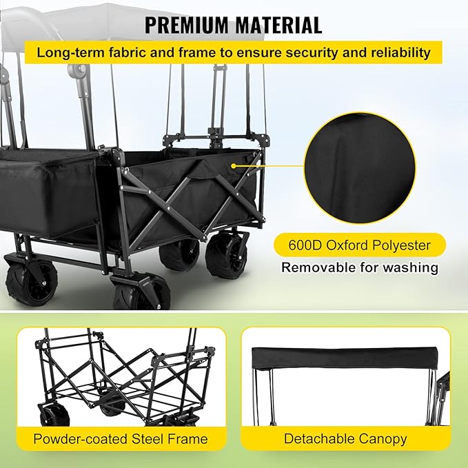 Happbuy Extra Large Collapsible Garden Cart with Removable Canopy, Folding Wagon Utility Carts with Wheels and Rear Storage, Wagon Cart for Garden, Camping, Grocery Cart, Shopping Cart, Black