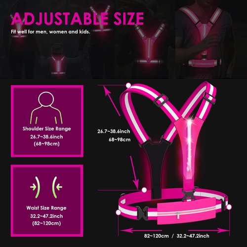 HEHEBON Reflective Vest Running Gear,High Visibility Reflective Gear with Light Rechargeable Light Up Running Safety Vest for Walking,Running,Cycling Adjustable for Men Women & Kids(HotPink)