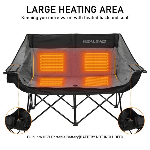 REALEAD Heated Double Camping Chair, 3 Heat Levels and 4 Heating Zones, Portable Heated Loveseat Chair for Outdoor Sports Support 650lbs, Heating Folding Chairs for Outside, Battery NOT Included