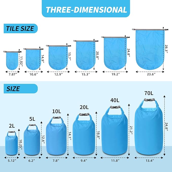 Dry Bag Set, Waterproof Small Lightweight Dry Bags for Paddle Board Kayaking, Fishing, Camping (Blue, 70L 2Pack)
