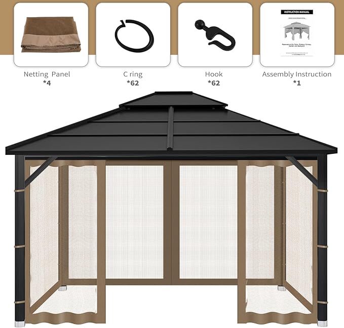 Gazebo Replacement Mosquito Netting Outdoor Universal Gazebo Canopy 4-Panels Screen Sidewalls with Zipper for Patio Garden (Brown, 10x10)