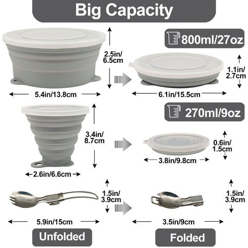 Cagelya Mess Kit for Camping Silicone Collapsible Bowl Collapsible Cup and Stainless Steel Spoon for Backpacking Outdoor Hiking Traveling and Picnic - 2 Pack
