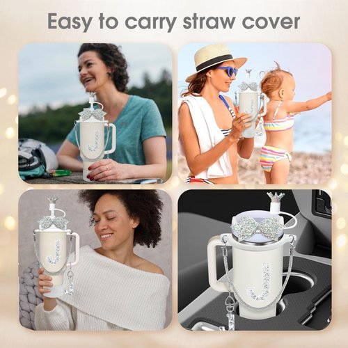 8Pcs Silvery Stanley Cup Accessories Set for Stanley Cup 30&40 Oz Tumbler - Silicone Straw Cover Cap and Boot, Handle Letter Charm, Bow Decoration Initial Sticker, Diamond Water Bottle Handle Strap(J)