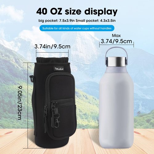 25/32/40oz Water Bottle Carrier Bag with Phone Pocket,Crossbody Insulated Neoprene Adjustable Shoulder Strap Water Bottle Pouch Case, Water Bottle Holder Sling Sleeve for Walking Hiking, 40oz Black