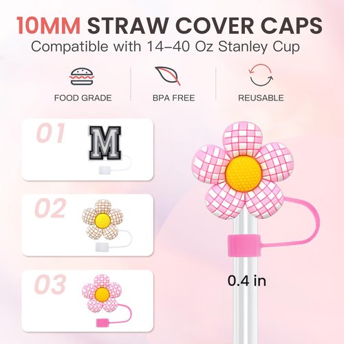 Raxiact 4PCS Stanley Cup Accessories for 30oz 40oz Tumbler with Handle, Silicone Straw Covers Topper Cap and Boot, Spill Proof Stopper, Keychain Handle Charm, Initials Decorations, Purple M