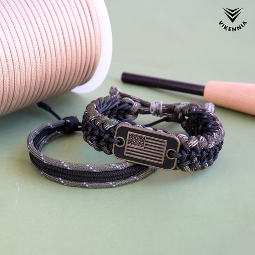 VIKENNIA Paracord Set - 02 Adjustable Braided and Rope Bracelets with Bronze USA Flag Charm - 550 Paracord Survival Bracelets - Green Camo (Set of 2) - For Men, Women, US Army Veterans
