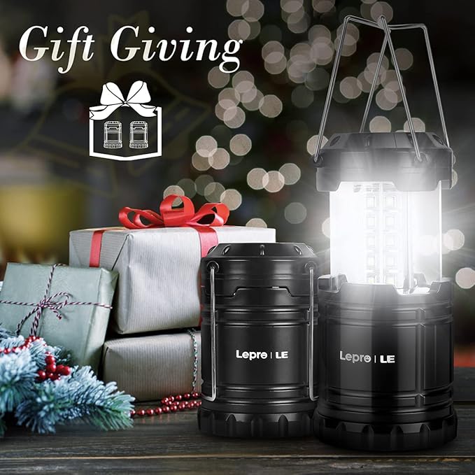 Lepro LED Camping Lantern, Super Bright, Battery Powered, IPX4 Water Resistant, Portable Emergency Lights for Hurricane, Storms, Outages, Collapsible, 2 Packs