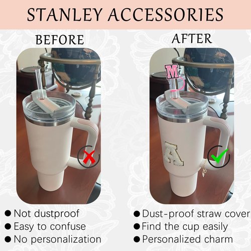 Stanley Cup Accessories Set,3 Pcs 0.4in Straw Cover, Letter Stanley Charm, Letter Towel Stickers Fits 40&30 Oz Tumbler(A)