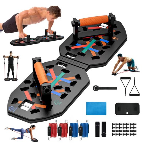 VEICK Push Up Board Fitness, Portable Foldable Exercise Equipment, Fitness Accessories with Resistance Bands Skateboard, Professional Strength Training Equipment for Men Women, Orange