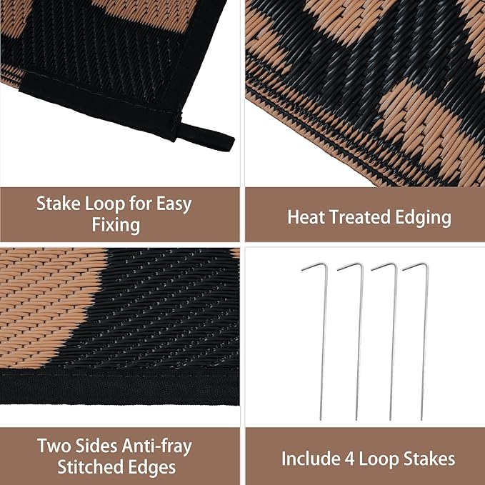 Anidaroel 8x10 Flower Outdoor Rug for Patios Clearance, Waterproof Camping Rug for Outside RV, Reversible Plastic Straw Outside Area Rugs for Garden, Camper, Picnic, Beach(Black/Brown,8'x10')
