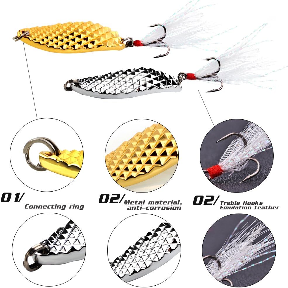 Sougayilang Fishing Spoons Hard Fishing Lures Treble Hooks Salmon Bass Metal Fishing Lure Baits 1/2 OZ