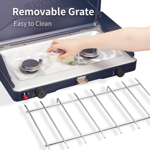 VANSTON Gas Camping Stove, Portable Separately Adjustable Double Propane Burner, Push Button Instant Ignition Grill, Built-in Carrying Handle & Wind Panels, Includes Pressure Regulator Tube