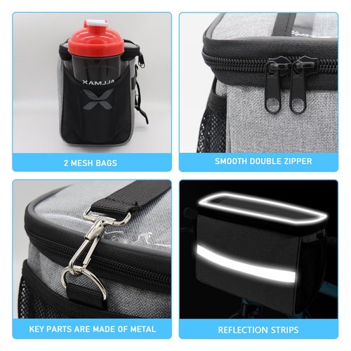 TOURSLOV Bike Handlebar Bag, 7" Bike Phone Holder, Water-resistant Bike Basket, Bicycle Front Storage Bag, Bike Frame Bag for MTB Racing Road Bike, with Shoulder Strap and Rain Cover (Grey, Large)