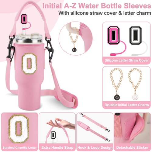 Initial A-Z Water Bottle Carrier Bag with Strap for Stanley 40oz Tumbler with 2 Letter Stanley Straw Topper Covers & 2 Letter Charms,Personalized Water Bottle Holder for Stanley Cup Accessories,Pink-O