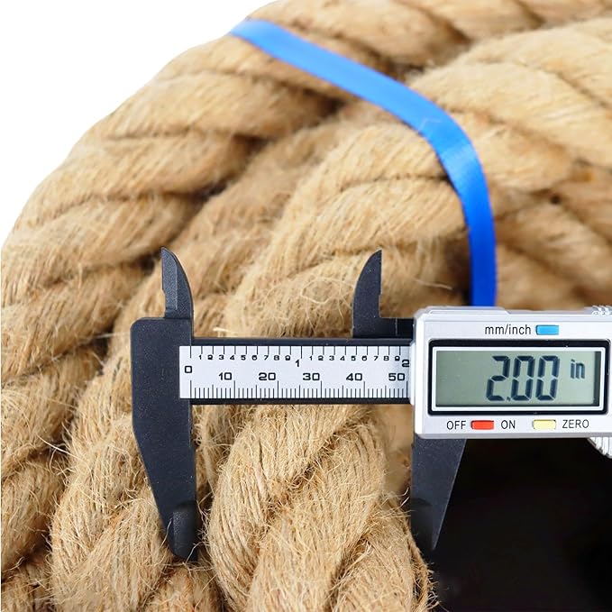 2 Inch Natural Jute Rope, 50 Feet Thick Hemp Rope, 4 Strands Twisted for Docks, Nautical, Raliings, Tree Climbing, Decorating, Indoor/Outdoor Use