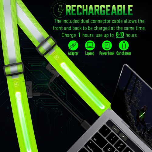 OMKHE LED Reflective Sash Safety Gear, Running Lights for Runners at Night, High Visibility USB Rechargeable Light for Jogging Running Cycling Walking Motorcycle (Green)