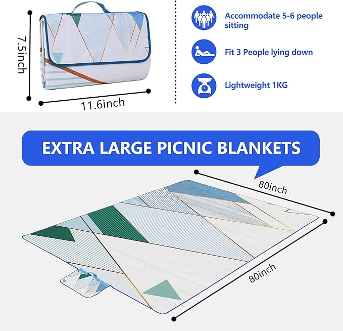 Picnic Blanket, Foldable Waterproof Sand Mat, 80" x 80" Extra Large Picnic Blanket,Outdoor Mat Beach Blanket for Camping Hiking Travel Family Concerts