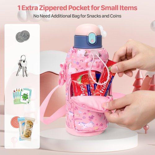 BrainyBees Water Bottle Carrier for Kids - Water Bottle Holder Sling Bag with Adjustable Strap, Girls Water Bottle Bag for 10/12/14/16/18Oz Water Bottles Walking Hiking Trip Camping, Pink Unicorn