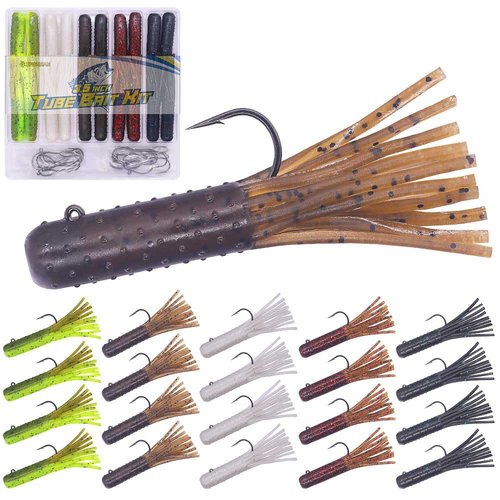 Tube-Baits-for-Bass-Fishing-Lures-Soft-Plastic-Bait-Worm-Tube Jigs Kit with Smallmouth Large Mouth Bass Lake Trout (3.5 inch Tube Baits 32 pc. Kit)