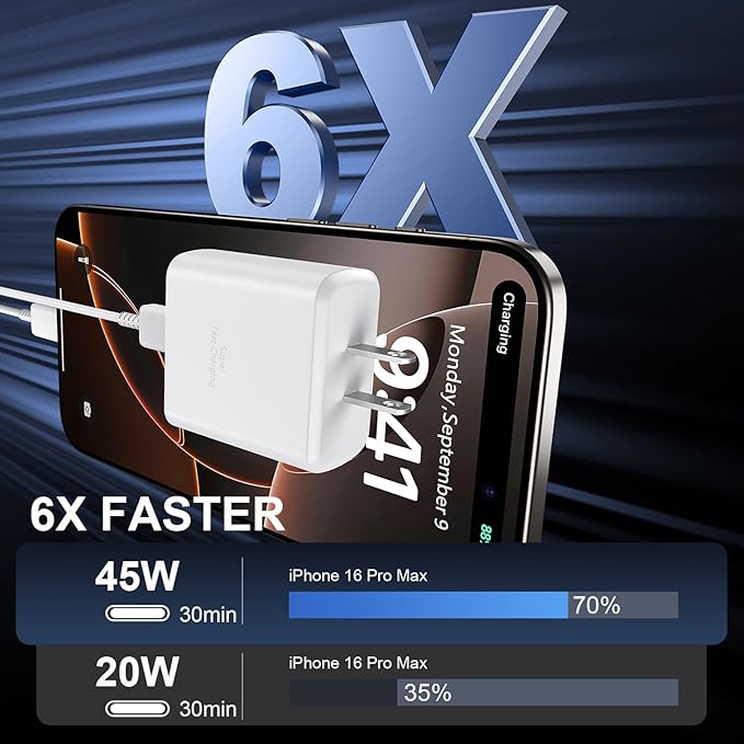 iPhone 16 Pro Max Charger Fast Charging, 45W USB C iPhone 16 Super Fast Charger Block with 10ft Long Type C Charging Cable Cord for iPhone 16/16 Pro/16 Pro Max/16 Plus/15/15 Pro Max/15Pro/Plus/S25