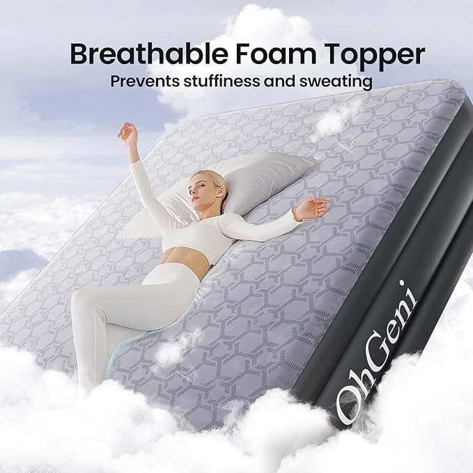 OhGeni 20" Luxury Full Air Mattress with Built-in Pump, Inflatable Bed with Silk Foam Topper for Superior Comfort, Premium Blow-Up Mattress for Home, Camping & Guests, Easy Setup, Extra Support, Black