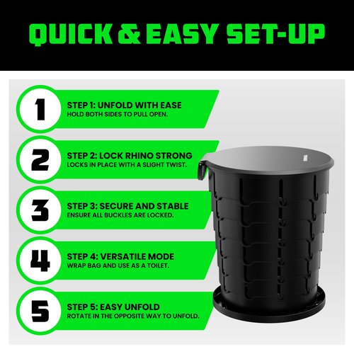 Rhino USA XL Portable Toilet for Camping (400lbs Capacity) Retractable Portable Toilet for Adults & Kids with Adjustable Height (4-16 Inches) Collapsible Portable Potty Camping Toilet for Camp/Car