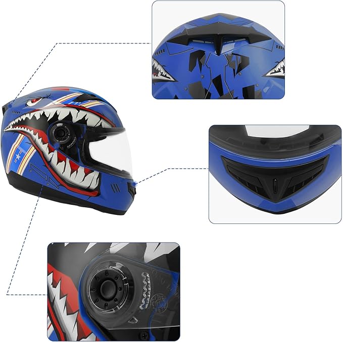 TCT-MOTORPARTS DOT Youth Four Wheeler Helmet Kids Motocross ATV Helmet Full Face Helmets for Offroad Street Dirt Bike Go-Kart BMX MX Gray Shark Mouth Large