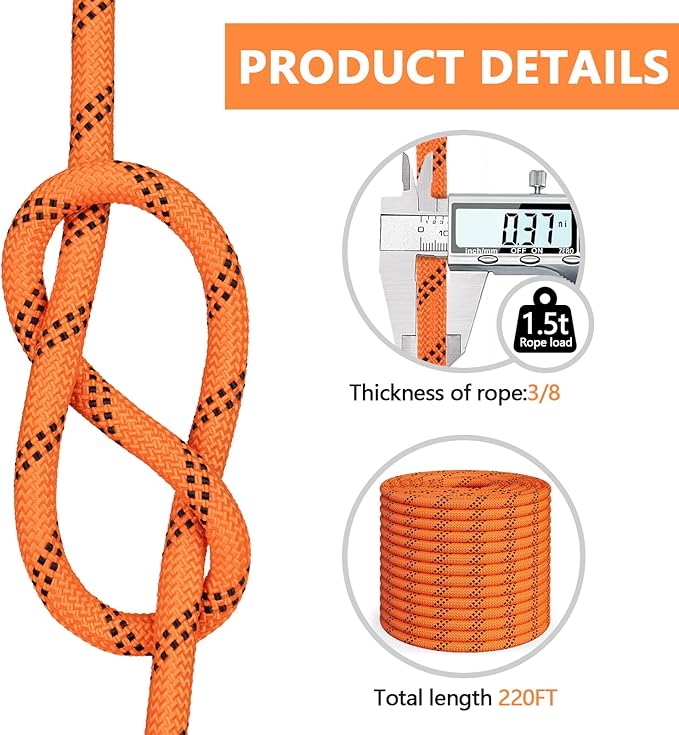 X XBEN Braided Polyester Arborist Rope 3/8 inch X 220ft, 48 Strands, 3430 LBS Breaking Strength Outdoor Rope, Arborist Rigging Rope for Rock Hiking Camping Swing Tree Rescue, Orange