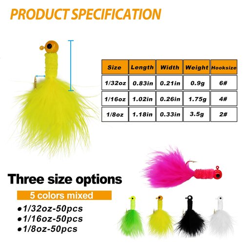 INFISHCEO 50PCS Crappie Fishing Jigs Hook Kit Feather Hair Jigs for Crappie Fishing baits Lures Panfish Trout 1/8 1/16 1/32 oz