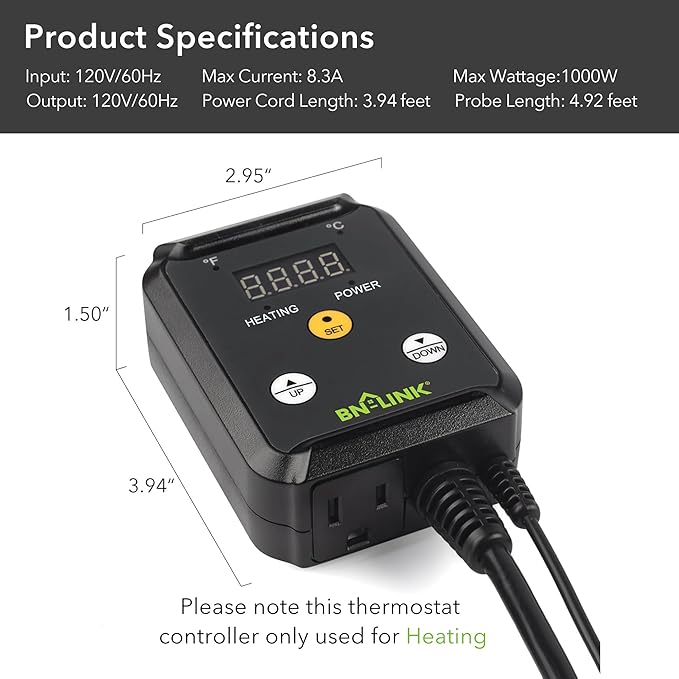 BN-LINK Digital Heat Mat Thermostat Controller for Seed Germination, Reptiles and Brewing Breeding Incubation Greenhouse, 40-108°F, 8.3A 1000W ETL Listed