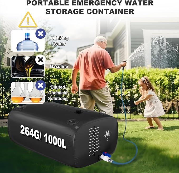 Moongiantgo 264G/1000L Foldable Water Storage Bladder-1000D PVC Portable Emergency Water Storage Container with Valve & Overflow Kit-Soft Water Storage Bag for Emergency Water, RV, Garden, Black